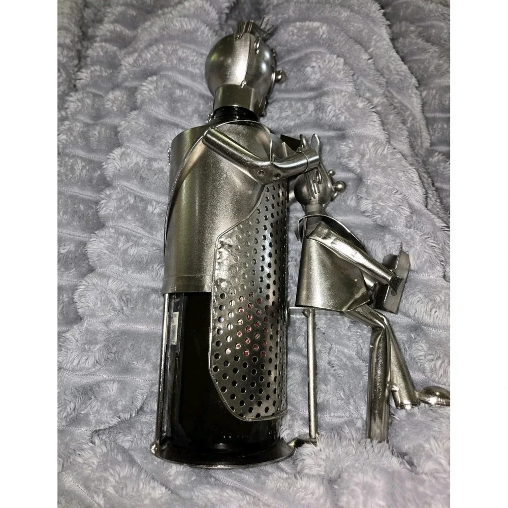 Metal Wine Bottle Holder Whimsical Figure Reading to Child Industrial Art Silver